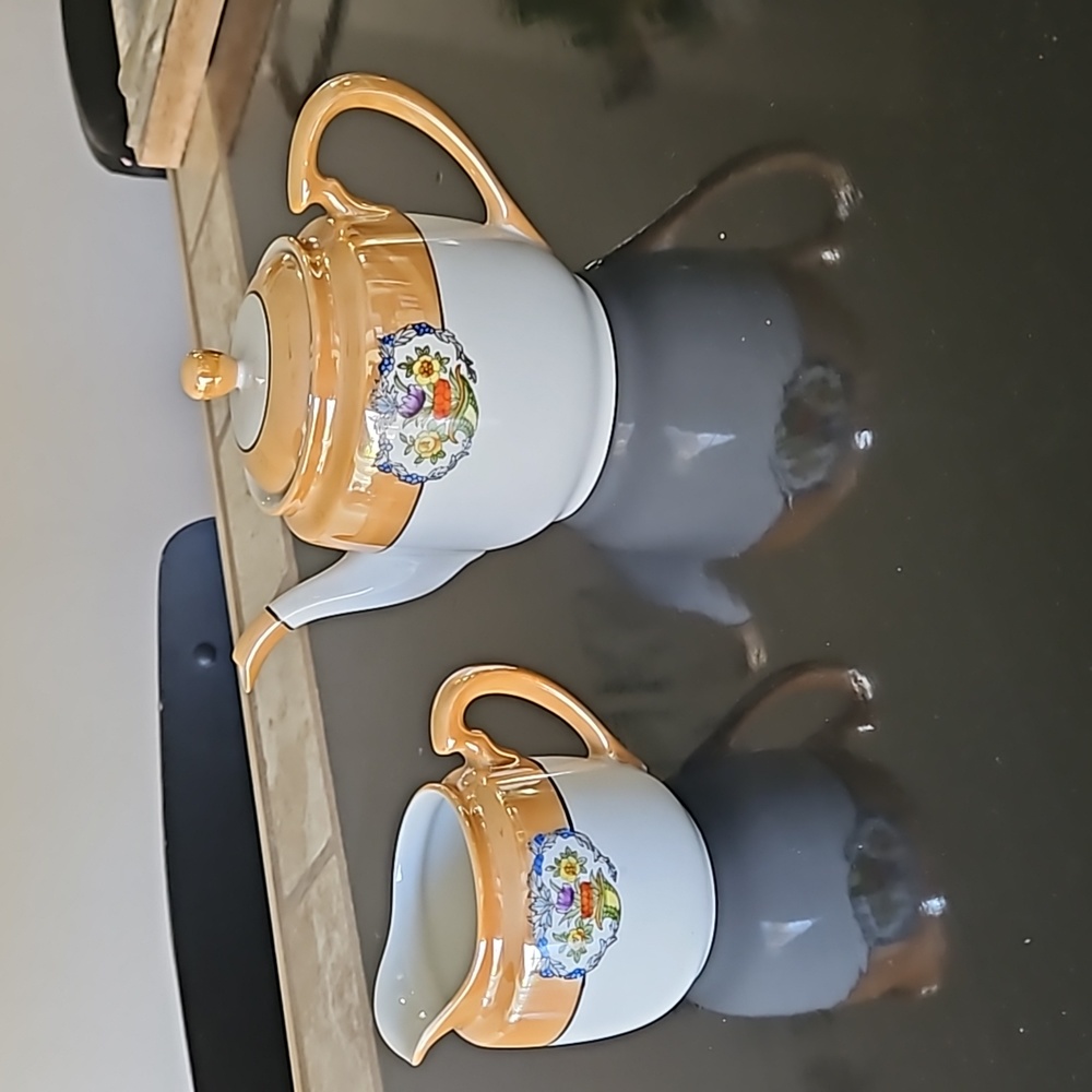Noritake N2197 Yellow Luster Band, Flowers In Cornucopia Creamer & Teapot